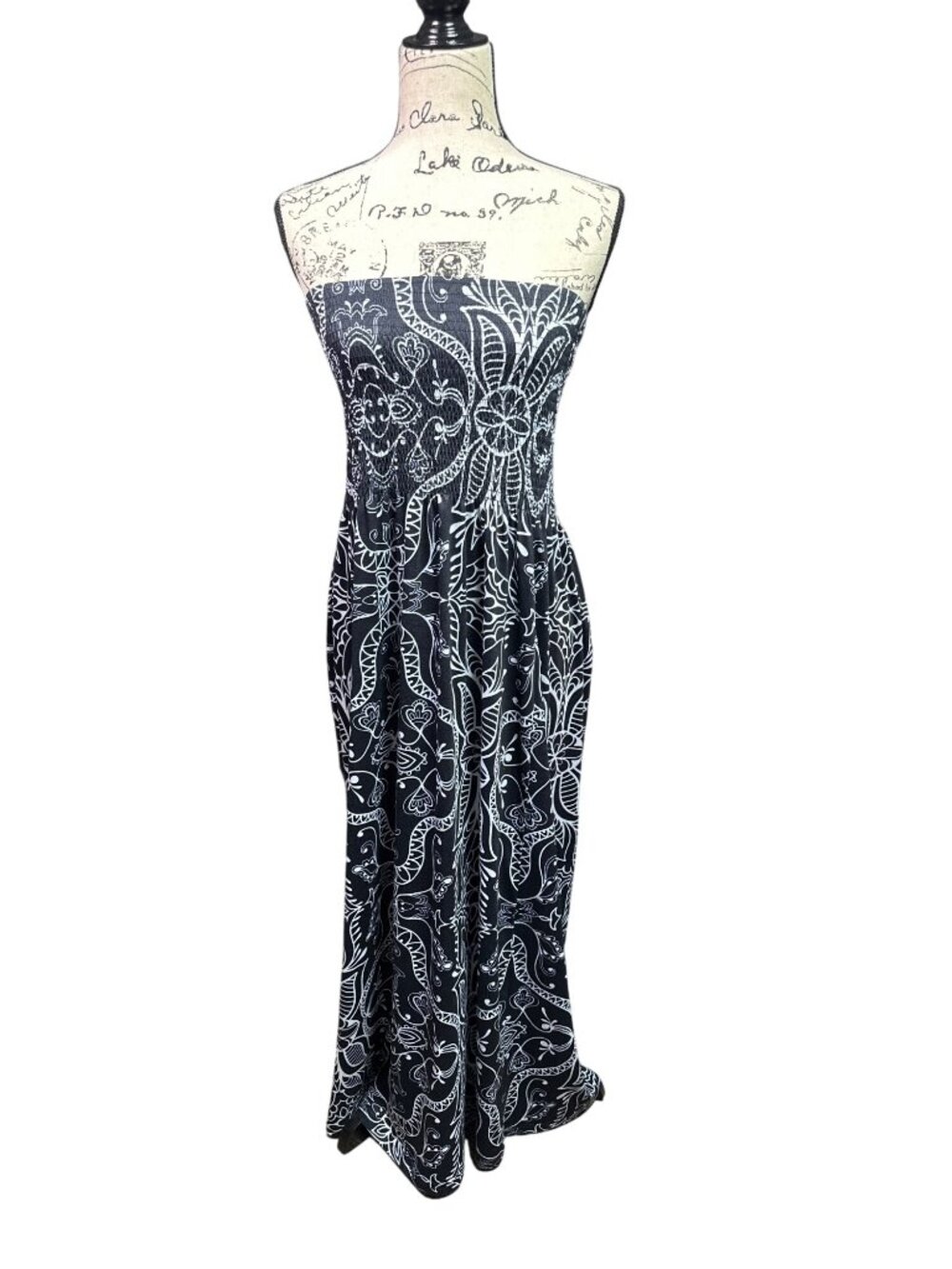 Strapless Black & White Maxi Dress With Floral Pattern - Womens Large - Polyeste